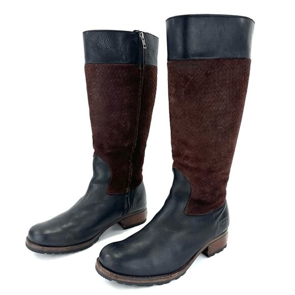Ugg Australia Knee High Winter Boots Sz 11 Black Leather Brown Suede Wool Lining - Picture 2 of 15